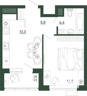 1-к квартира, строящийся дом, 39м2, 5/13 этаж