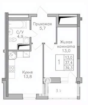1-к квартира, строящийся дом, 39м2, 18/25 этаж