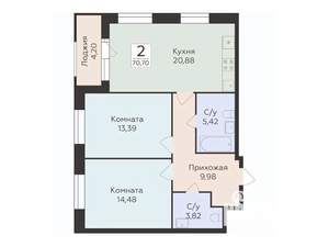 2-к квартира, строящийся дом, 71м2, 2/12 этаж