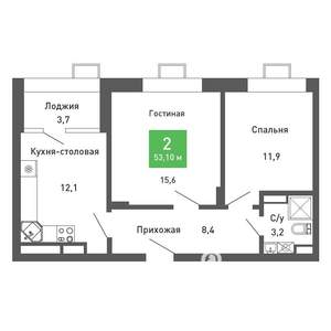 2-к квартира, строящийся дом, 53м2, 4/14 этаж