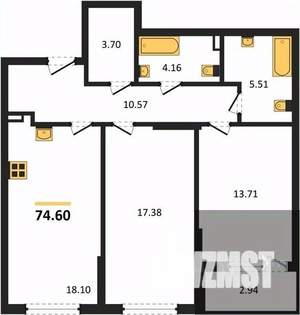2-к квартира, вторичка, 75м2, 2/22 этаж