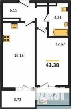 1-к квартира, вторичка, 43м2, 7/18 этаж