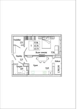 1-к квартира, строящийся дом, 44м2, 2/17 этаж