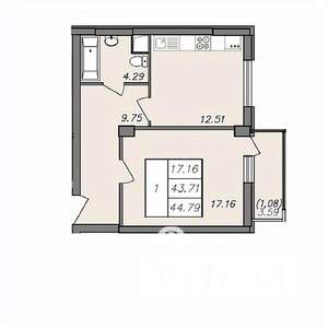 1-к квартира, строящийся дом, 45м2, 12/13 этаж