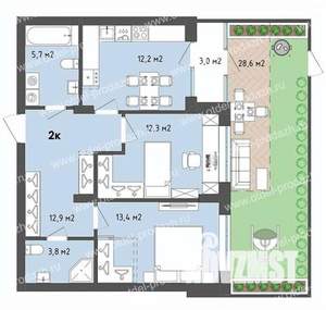 2-к квартира, строящийся дом, 70м2, 1/13 этаж