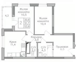 2-к квартира, строящийся дом, 54м2, 15/25 этаж