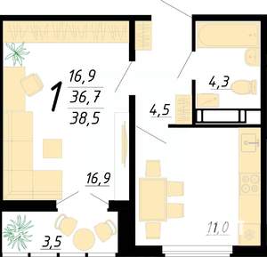 1-к квартира, строящийся дом, 39м2, 18/20 этаж
