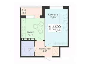 1-к квартира, вторичка, 35м2, 3/18 этаж