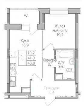 1-к квартира, строящийся дом, 43м2, 3/10 этаж