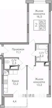2-к квартира, строящийся дом, 62м2, 16/25 этаж
