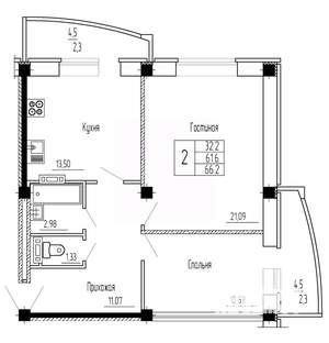 2-к квартира, строящийся дом, 66м2, 15/16 этаж