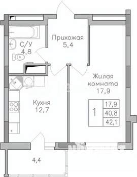 1-к квартира, строящийся дом, 42м2, 16/25 этаж