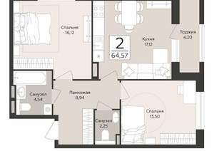 2-к квартира, вторичка, 65м2, 3/12 этаж