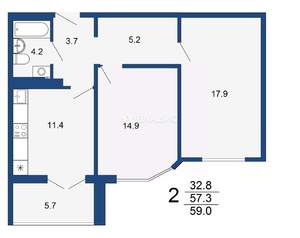 2-к квартира, вторичка, 57м2, 1/17 этаж
