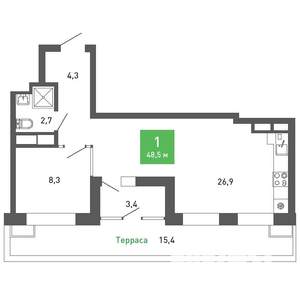 1-к квартира, строящийся дом, 49м2, 14/15 этаж