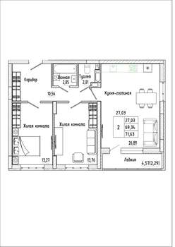 2-к квартира, строящийся дом, 72м2, 2/17 этаж