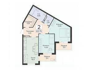 2-к квартира, строящийся дом, 64м2, 6/13 этаж