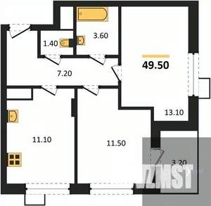 2-к квартира, вторичка, 49м2, 1/13 этаж