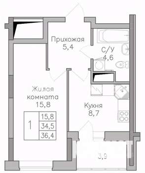 1-к квартира, строящийся дом, 36м2, 12/25 этаж