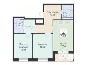 2-к квартира, строящийся дом, 72м2, 8/18 этаж
