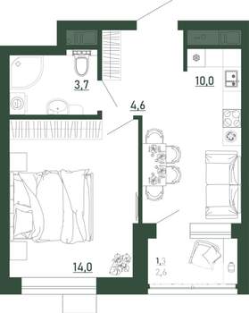 1-к квартира, строящийся дом, 34м2, 11/13 этаж