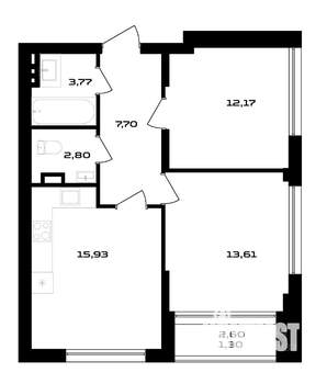 2-к квартира, вторичка, 56м2, 1/4 этаж
