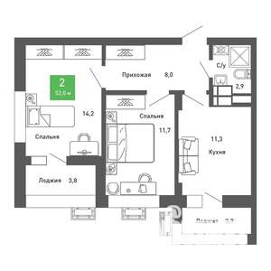 2-к квартира, строящийся дом, 52м2, 13/14 этаж
