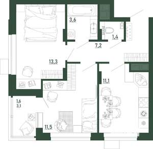 2-к квартира, строящийся дом, 50м2, 7/13 этаж