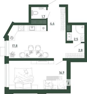 1-к квартира, строящийся дом, 46м2, 1/13 этаж