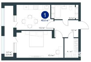 1-к квартира, строящийся дом, 49м2, 16/25 этаж