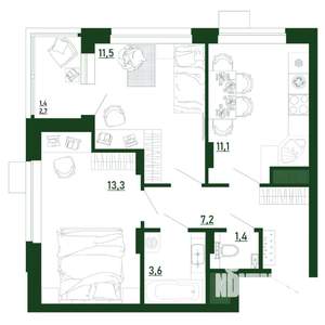 2-к квартира, строящийся дом, 49м2, 2/13 этаж