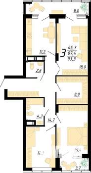 3-к квартира, строящийся дом, 93м2, 3/25 этаж