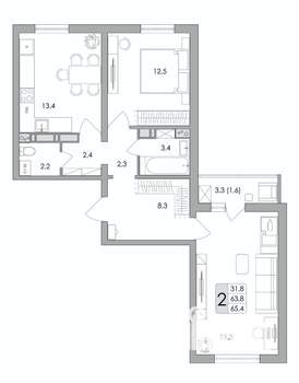 2-к квартира, строящийся дом, 65м2, 10/17 этаж