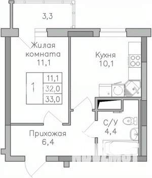 1-к квартира, строящийся дом, 33м2, 3/25 этаж