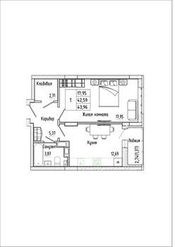 1-к квартира, строящийся дом, 44м2, 2/17 этаж