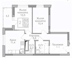 2-к квартира, вторичка, 54м2, 23/25 этаж