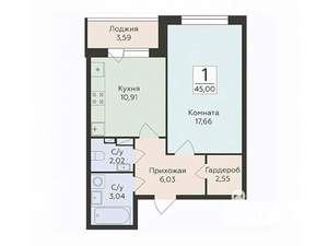 1-к квартира, вторичка, 45м2, 4/16 этаж