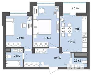 2-к квартира, сданный дом, 60м2, 2/13 этаж
