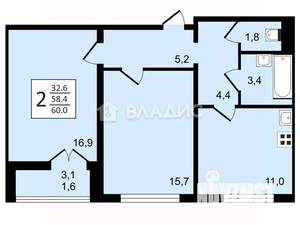 2-к квартира, вторичка, 60м2, 8/16 этаж