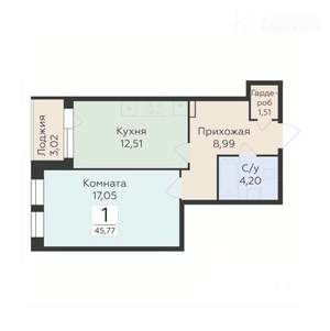 1-к квартира, вторичка, 46м2, 2/18 этаж