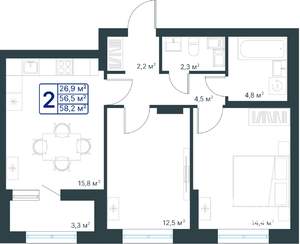 2-к квартира, строящийся дом, 58м2, 13/25 этаж