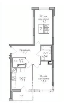 2-к квартира, строящийся дом, 62м2, 15/25 этаж