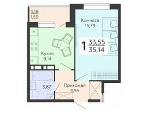 1-к квартира, строящийся дом, 35м2, 6/18 этаж