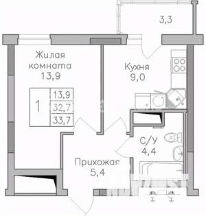 1-к квартира, строящийся дом, 34м2, 14/25 этаж
