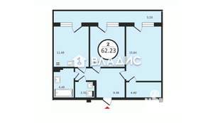2-к квартира, вторичка, 62м2, 8/9 этаж