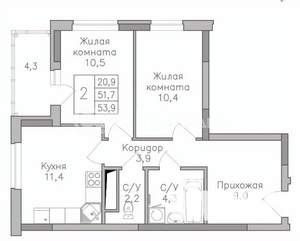 2-к квартира, строящийся дом, 54м2, 8/25 этаж