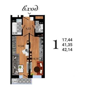 1-к квартира, строящийся дом, 42м2, 23/27 этаж