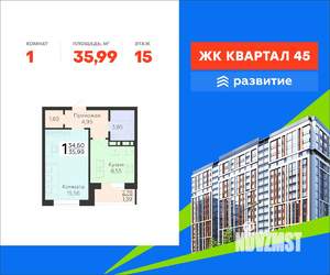 1-к квартира, вторичка, 36м2, 15/18 этаж
