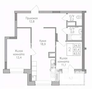 2-к квартира, строящийся дом, 64м2, 8/10 этаж