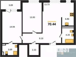 2-к квартира, вторичка, 70м2, 4/24 этаж